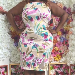 Mid length sleeveless floral multi color dress